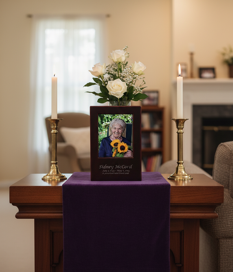 Memorial setup with flowers and candles on a wooden table.
