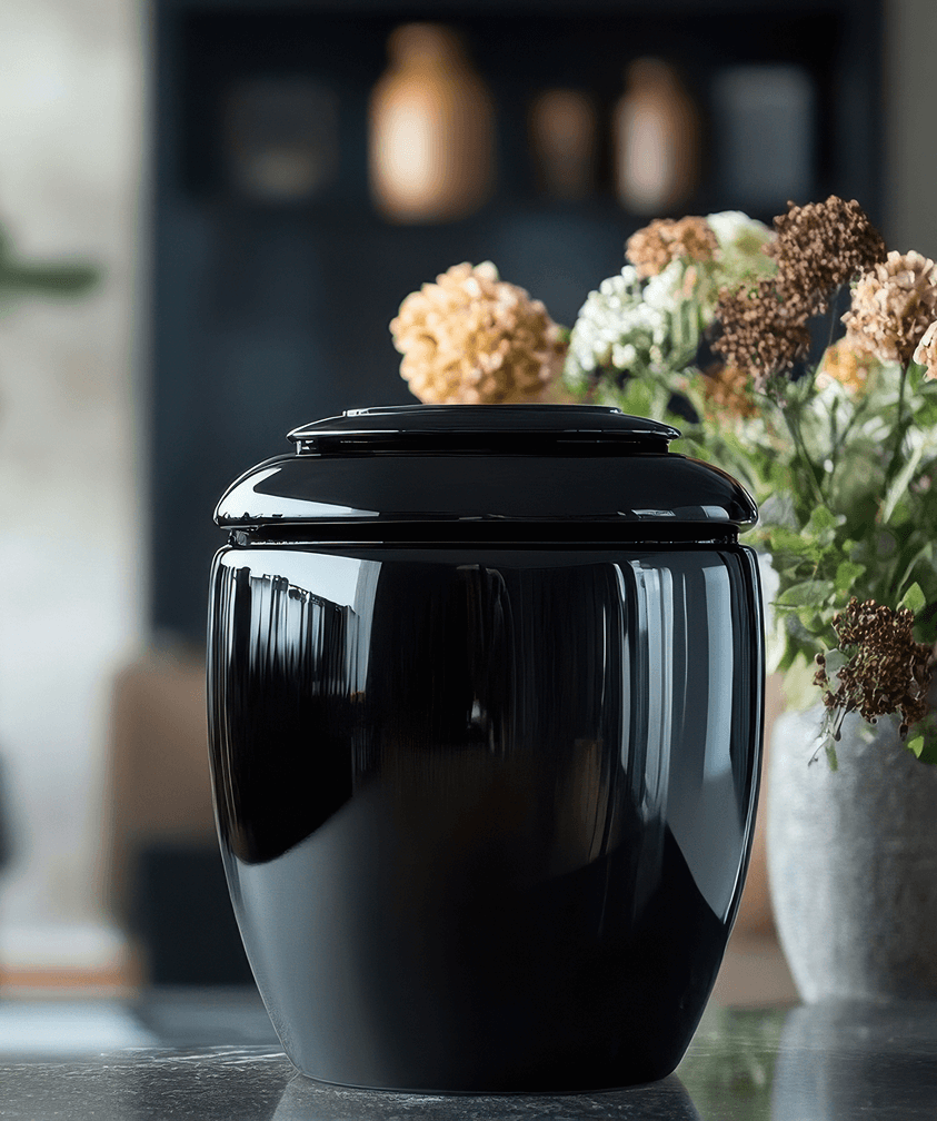 A sleek black urn with dried flowers in the background.