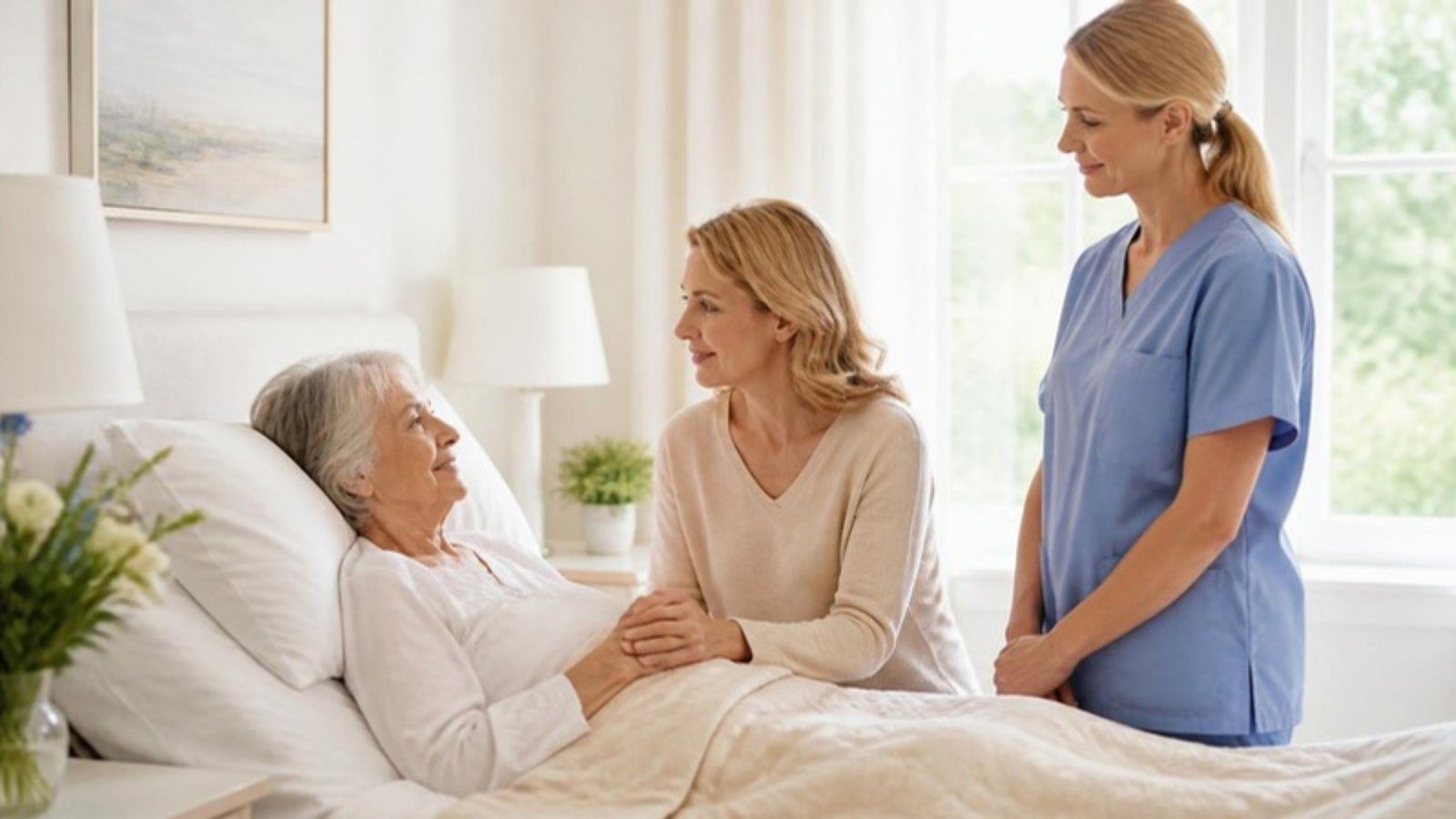 Daughter holding her mother's hand at the bedside with a hospice nurse in San Diego